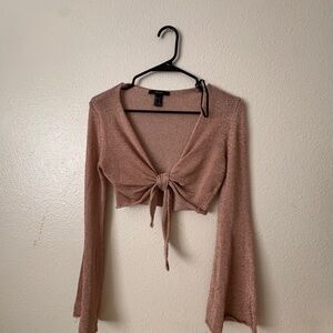 Forever 21 Metallic Tie-Front Bell Sleeve Blouse - Rose Gold